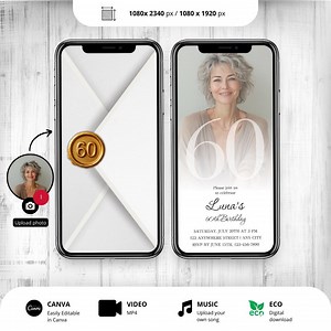Animated 60th Birthday Invitation With Photo Editable Canva Template Envelope Sixtieth Party Video Invite - Etsy Canada