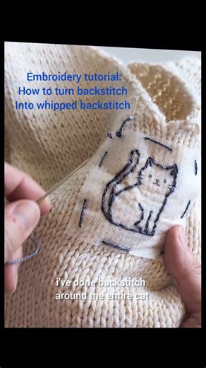 Julie Crawford- Knitted Bliss on Instagram: "Want better embroidery lines? ✨Save this ✨ Embroidery tutorial time! How to turn backstitch into whipped backstitch. This is an easy way to make your embroidery lines look connected and smooth, without the dotted-line effect of backstitch. Try it out on a swatch or on your next stick & stitch project! Embroidery yarn used: @feistyfibres 🪡🧶 #knittedblissstitching #embroideredknits #embroideryonknits #embroiderytutorial #embroiderytricks #catembroider