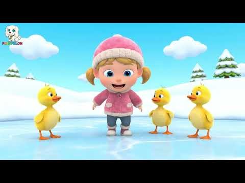 Canetons dansants sur l'étang gelé