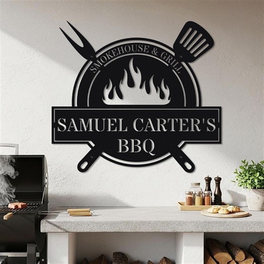 BBQ Metal Wall Sign - Personalized Smokehouse & Grill, Custom Name Décor for BBQ Lovers - Etsy