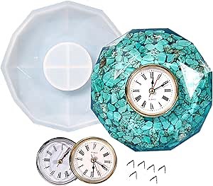 Clock Resin Molds, DIY Silicone Molds for Epoxy Resin, Easy to Demold Polygonal Resin Clock Mold Kit Including Clock & Movement Accessories Home Decoration (Gold+Silver), MJSZ4