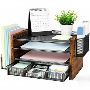 MEHOOM 4-Tier Wooded Desk Organizer Sets, Desktop File Organizer with Drawer and Pencil Holders for Office, Dorm Desktop Setup, Classroom Desk Accessories & Workspace Organizers