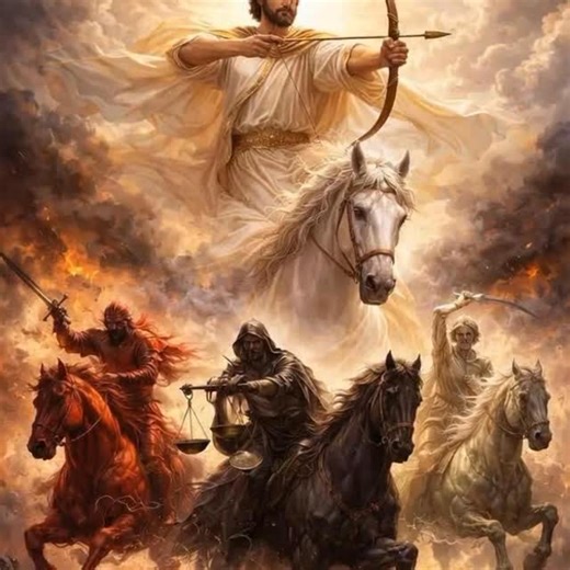 ‎. Revelation 6:1–8 — The Four Horsemen and What They Mean ‎ ‎Revelation 6:1–8 presents a powerful prophetic vision revealed when the Lamb opens the first four seals. These horsemen are symbolic, describing global conditions that would unfold during the time of the end and confirming Jesus’ own prophecy about the last days. ‎ ‎The rider on the white horse represents Jesus Christ after receiving Kingdom authority. The crown signifies kingship, and the bow symbolizes successful conquest. His victo