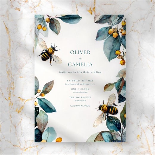 Bees Wedding Invitation Printable, Botanical Bee Invite, Watercolour Bumble Bee Wedding Stationery, Garden Wedding Invite, Instant Download - Etsy