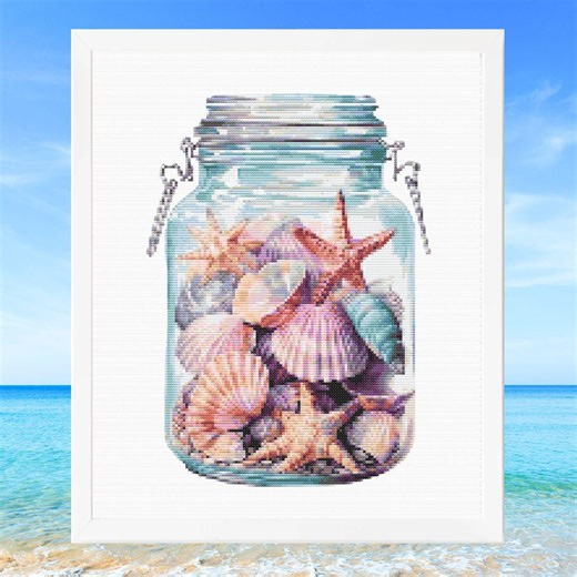 Sea Shells in a Jar Cross Stitch Pattern: Cottagecore Beach House Decor (PDF Pattern)