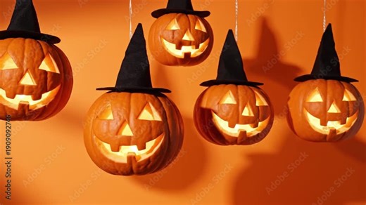 Hanging jack o lantern pumpkin decorations near frame edge each wearing a witch hat suspended by thin strings gentle breeze driven swing motion solid orange background soft light subtle shadow perfect