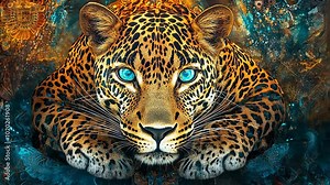 A leopard with bright blue eyes stares intensely at the camera, its spots blending into the abstract background