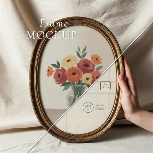 Vintage Oval Frame: Realistic Wood Frame Mockup, PSD Smart Object, Photoshop, Photopea - Etsy