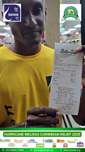 🚨 HURRICANE MELISSA RELIEF MADE EASY! 🌪️🇯🇲 SEWA TT has made it simple for you to help our Caribbean neighbours in need ❤️ 🛒 Just visit any partner supermarket, 💬 Tell the cashier how much you’d like to donate, 🧾 And your donation will appear on your bill — it’s that easy! 🙌 SEWA TT will handle the rest — pooling all contributions, getting discounted supplies, and creating relief buckets with essential personal aid items for Jamaica. 🇹🇹🤝🇯🇲 Be a hero like Navin Kalpoo — donate today! 