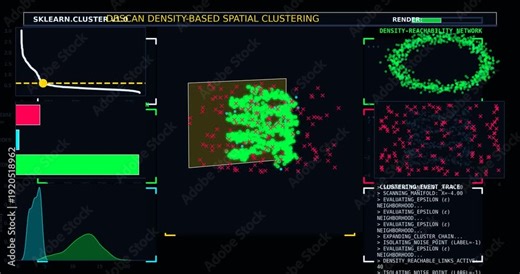 DBSCAN Density Based Clustering Visualization Showing Outlier Detection, Spatial Data Segmentation, Noise Identification and Machine Learning Artificial Intelligence Concept
