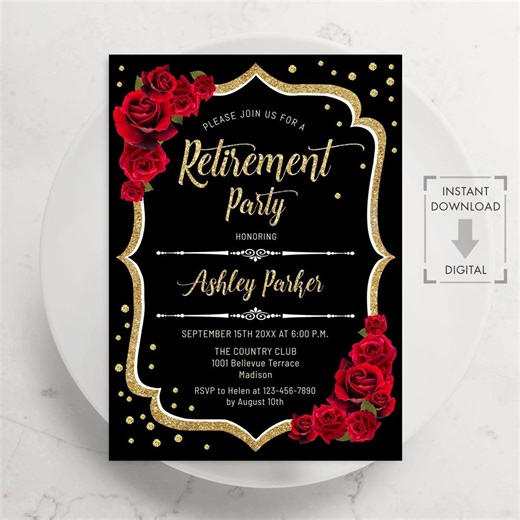 Retirement Party Invitation - INSTANT DOWNLOAD Digital Template. Glitter Gold Red Roses. Floral Invite - Etsy