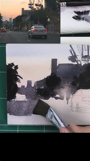 Liron Yanconsky on Instagram: "Watercolor Night painting in 14 seconds 🎨🔥 This is how I enjoy approaching night scenes. I set up the main shapes, mid values and darks - and then bring back the light! What's unique about this one, however - is the bold flat brush strokes in the beginning. This painting ended up in my "Painting a Masterpiece" book, based on my 100 cars challenge. Night scenes have a bad rep in watercolor. Have you ever tried painting one? Was it difficult or easy? 🌃 #reels #wat