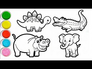 Drawing and Coloring Cute Animals for Kids: 🦛 🐊 🦕 🐘| Hippo, Crocodile Dinosaur & Elephant