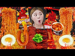 Mukbang Spicy Fire Noodles & Fried Chicken & The Spiciest Japanese Yaki Soba by HIU 하이유