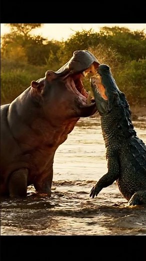 Hippo VS Crocodile Fight! Who Wins the Battle of the River Giants? #Hippo #Crocodile #Figh