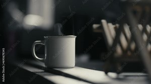 Hot coffee mug in the morning. Delicious drink to start the day. Steaming hot beverage.