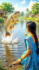 🐟15Kg Gaint Fish Caught in Village River😱🍛#ghibli #ai #shorts #villagelife #fishing #fish #fishcurry