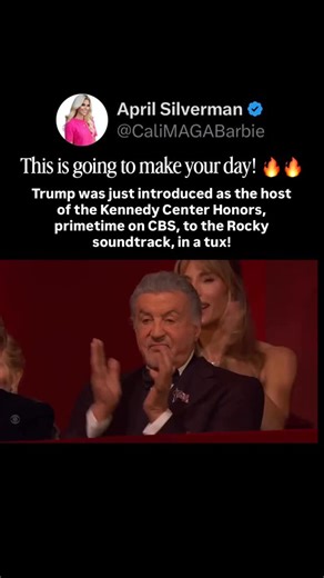 April Silverman - Political & Pop Culture Commentator 🇺🇸 🎙️ on Instagram: "Absolute top tier optics. 🔥 Trump was just introduced as the host of the Kennedy Center Honors, primetime on CBS, to the Rocky soundtrack, in a tux. Share this so people see what’s really happening and follow @cali.maga.barbie for more truth you won’t see on CNN. 🔥🇺🇸 __________ Tags 🔖: #trump #maga #conservative #republican #democrats ANTIFA. Border Patrol. California. Candace Owens. Charlie Kirk. Conservative. De