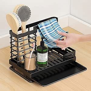Kitchen Sink Caddy, Kitchen Sink Organizer Caddy, Sponge Holder Kitchens with Drain Tray Pan, Stainless Steel Rustproof Sturdy Sponge Brush Holder Storage for Dish Soap Dishcloth