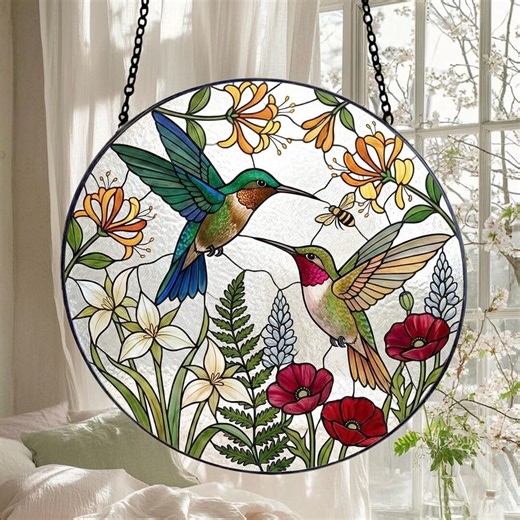 Hummingbird Stained Glass Suncatcher, Garden Bird Art Window Hanging, Spring Decor - Etsy