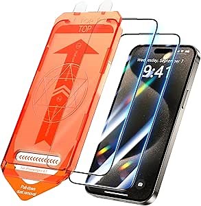 UniqueMe Compatible for iPhone 15 Pro Screen Protector, 【Dust-Free Kit】 6.1 inch Tempered Glass [Auto-Positioning] Easy installation Anti-Fingerprint Anti-Blue Light 9D Full Coverage- 2 Pack