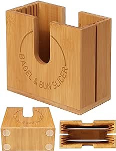 Large Adjustable Bagel Slicer Holder | Bamboo Bagel Cutting Holder with Width-Adjustable Slots for Small & Large Bagels, Buns & English Muffins, Knife Groove & Non-Slip Base