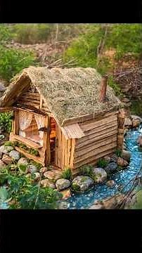 Building a Cozy Wooden Cabin with a Stone Fireplace Over a River