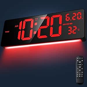 16.5" Large Digital Wall Clock with RGB Night Lights, Auto Dimmer, Remote Control, Date, Indoor Temperature, DST