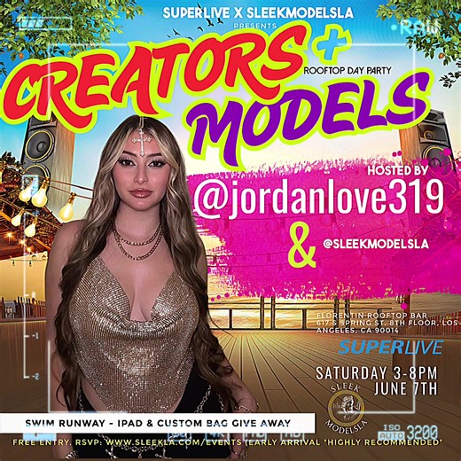 DM @sleekmodelsla on Instagram to RSVP!@sleekmodelsla x @superlive.stream present: MODELS x CREATORS (Red Carpet) DAY PARTY. June 7th, @florentindtla 3pm-8pm. Feat: - catwalk swim show - Apple product giveaways - FREE entry - FREE drinks & more!! MODELS/CREATORS, dm for your special ticket! Everyone else RSVP: www.sleekla.com/events (Early arrival highly recommended) . . . .. . . . . . . . . . . 1. #ModelBookings 2. #ModelSearch 3. #FashionModel 4. #RunwayReady 5. #ModelLife 6. #BookingNow 7. #M