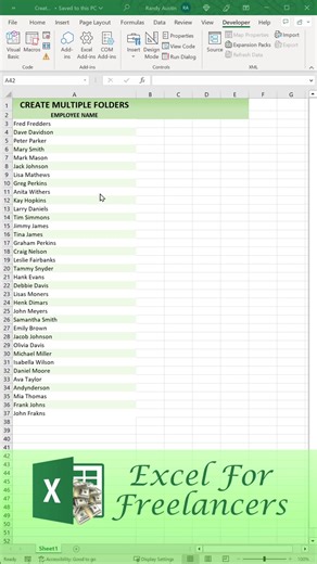📁 Excel just became your folder factory. With a single VBA loop, you can auto-create hundreds of folders in seconds — all named, sorted, and ready for use. Manual setup? Not anymore. ⚙️ #ExcelTips #VBA #ExcelAutomation #ExcelShorts #fblifestyle | Excel For Freelancers