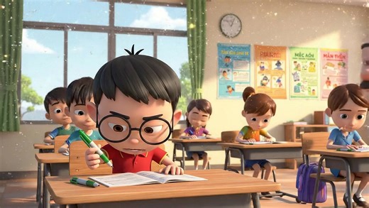 PROMT, MỘT TRUYỆN CƯỜI DO AI TỰ SÁNG TẠO... Tạo video hoạt hình Pixar 3D trong lớp học sáng sủa, ánh sáng mềm. Nhân vật chính: cậu bé Nam tóc ngắn, đeo kính, ngồi bàn học trong giờ kiểm tra. Nam cứ nhấc chiếc bút lên rồi đặt xuống, khuôn mặt căng thẳng nhưng đáng yêu. Thầy giáo trung niên bước đến, nghiêng người nhìn Nam với vẻ tò mò. Hiệu ứng hạt bụi lấp lánh, chuyển động camera nhẹ nhàng kiểu Pixar. Biểu cảm phóng đại hài hước. LỜI THOẠI: Thầy: “Em làm gì mà cứ nhấc bút lên xuống vậy, Nam?” Na