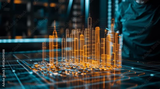 An architect brings architectural designs to life with 3D holographic construction models. The concept of innovation in architecture and futuristic design. Generative Ai.