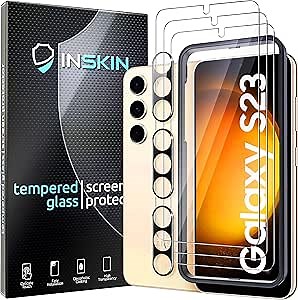 Inskin Tempered Glass for Samsung Galaxy S23 Screen Protector (6.1 inch, 2023) - 3+3 Pack with Camera Lens Guard & Auto Alignment Frame – Ultra HD, Case Friendly