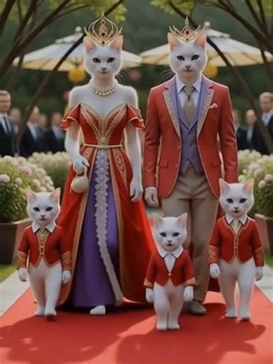 King & Queen Cats with Their Princess Kittens at a Magical Wedding