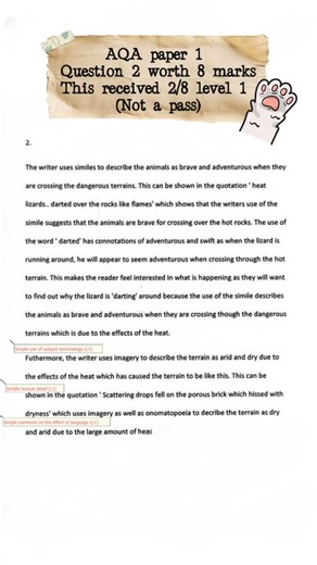 GCSE English Tutor on Instagram: "English Language AQA Paper 1 of question 2. At first glance, this answer looks like it’s doing all the right things — quotes ✔️ techniques ✔️ effort ✔️ But under the AQA mark scheme, it’s still Level 1. Why? Because spotting techniques isn’t enough. AQA doesn’t reward naming similes and imagery. They reward explaining how a word works and what it suggests. The good news? Moving from Level 1 to a pass (Level 2) only takes one small shift: zoom in on one word from