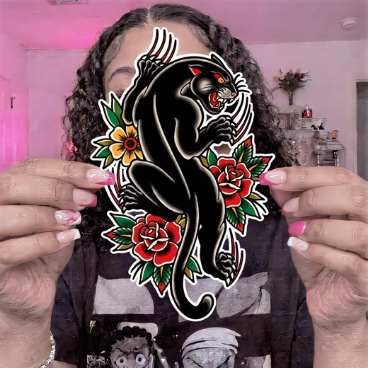 Crawling Panther With Roses Sticker, Traditional Tattoo, Big Cat Art, Traditional Panther With Roses Art, Vinyl Sticker - Etsy