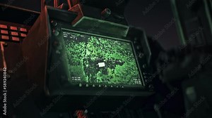 Military attack helicopter with a deadly missile onboard. Attack helicopter searching for the enemy to launch a missile. Army helicopter detects the target combat tank for a missile attack.