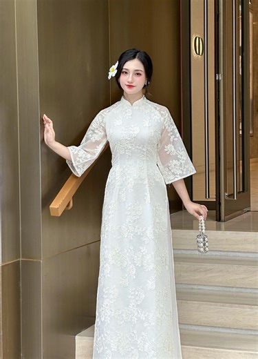 White Lace Embroidered Ao Dai – Vietnamese Silk Wedding Dress, Sheer Sleeves - Etsy