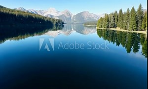 Crane shot with clear reflections: A clear, calm lake with perfect reflections of the surrounding scenery. The camera cranes up from the water’s surface, showcasing the transparent clarity and the ref