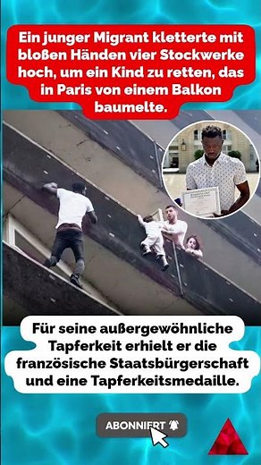 Ein Einwanderer klettert vier Stockwerke hoch und rettet einen Jungen, der an einer Wand hängt.