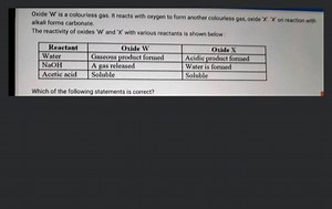 Oxide ' W ' is a colourless gas. It reacts with oxygen to form ... | Filo