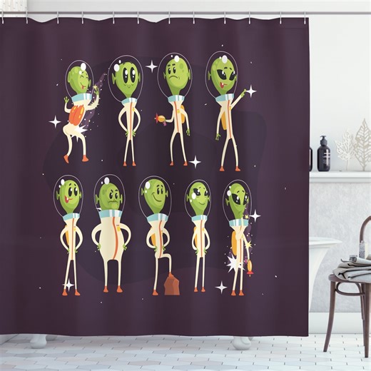 Alien Shower Curtain, Extraterrestrial Crew of Little Green Ufo in Suits, Fabric Bathroom Set with Hooks, 69"W X 84"L Extra Long, Dark Mauve Apple Green Champagne Burnt Sienna, by Ambesonne