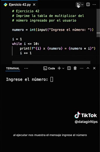 Aprende Python con ejercicios 42 de 100. Imprimir la tabla de multiplicar del número ingresado. Cada vez que necesitamos ejecutar una función múltiples veces, se necesita colocar en el código un bucle, en este caso usamos un WHILE en python. Con esto se ha practicado lo siguiente: 💡Declarar variables 💡Uso de la estructura WHILE 💡Uso de un contador 💡Usar la función print() Guarda este post para tus prácticas y sígueme para más ejercicios #python #programacion #programador #programadores #info