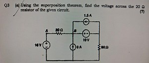 Using the superposition theorem, find the voltage across the 20... | Filo