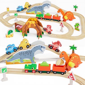 Train Set, Wooden Train Set for Kids, Train Toys for Toddlers, Toy Train with Train Tracks, Wooden Dinosaur Toys for Kids 2 3 4 5 Years Old, Great Gift for Boys Girls - Compatible with Other Brands