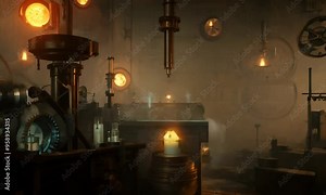 Steampunk laboratory with vintage machinery, gears, and glowing lamps in a retro industrial setting