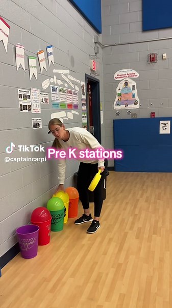 Pre K stations. My kindergarten was able to do my regular activity this week. It was their first big group activity and they did great. I don’t think my pre k is quite ready yet so we stuck with stations. #peteacher #pe #teachersoftiktok #kindergarten #physed