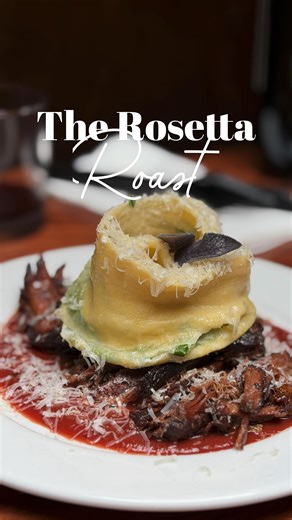 Meet the Rosetta Roast! A garden-inspired collaboration with the talented Chef Donnie at @foodtalk_santacruz! We used fresh herbs straight from my garden to laminate homemade pasta dough (yes, herbs inside the pasta!) — then filled it with ricotta, mozzarella, parmesan, and even more herbs before rolling it into delicate little roses. Each one sits on a bed of red-wine garlic tomato sauce, topped with slow-cooked beef chuck that melts in your mouth. Every bite bursts with flavor — fresh herbs, c