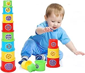 Baby Stacking Cups Toys for Toddlers 1-3, 8 Cups Fun Color Toy for Baby 6-12 Months, Kids Bathing and Counting Stackable Toy for Early Educational Learning, with The Numbers, Fruits, Animals Patten