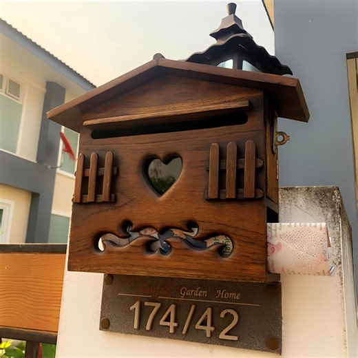 Rustic Wooden Wall Mailbox with Heart Window, Outdoor Letter Box, Vintage Porch Decor, Durable Garden Mail Holder for Home